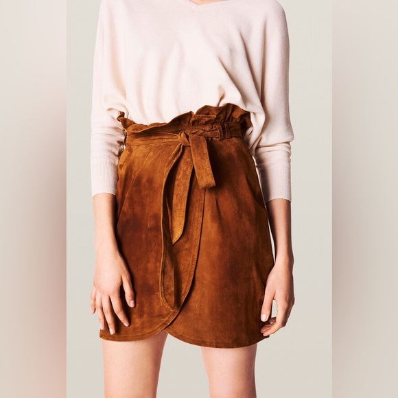 Ba&sh Sun Paper bag Waist Brown Real Leather Suede Wrap, Tie Ruffle Skirt - Picture 3 of 7